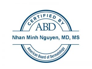 Certification logo from the American Board of Dermatology for Dr. Nguyen.